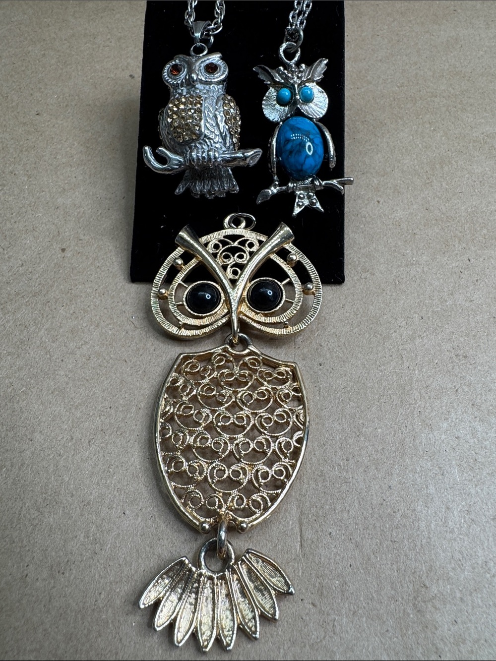 Vintage Gold and Silver Toned Owl Statement Necklaces,  Gold color Large Pendant